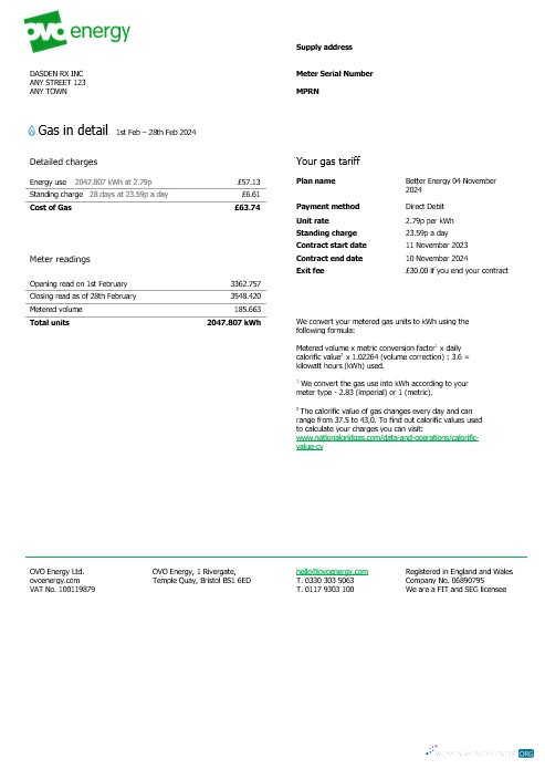 Download United Kingdom Ovo Energy business utility bill, Word and PDF template Photoshop template